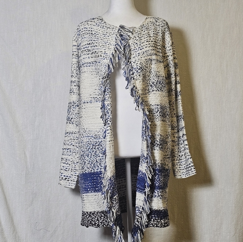 Fate Womens Open Cardigan Sweater SZ L Chunky Freyed Blue/White Longsleeve